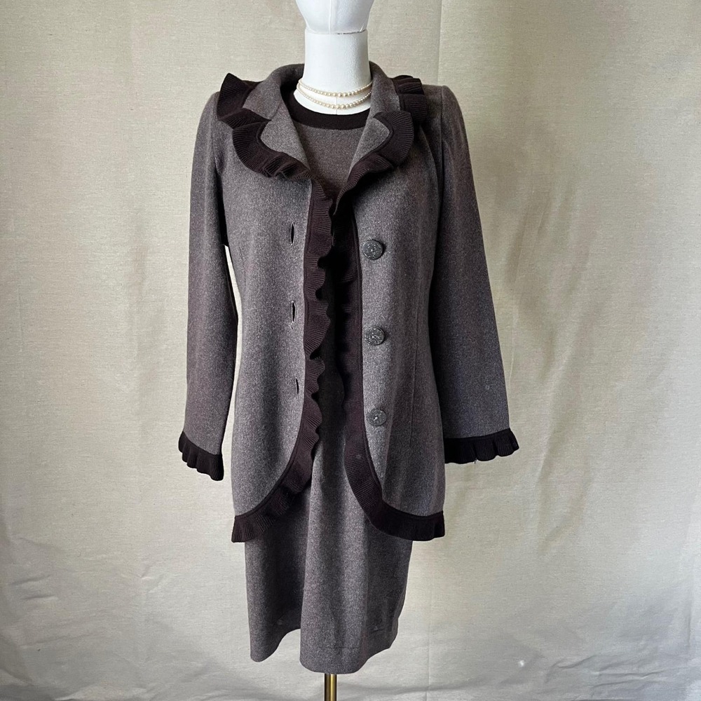 Vintage Fathi Due France‎ 100% Cashmere Dress Jacket Set Ruffle 2 Piece M L